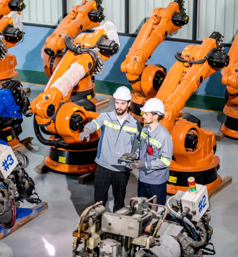 Engineer explaining to controlling robotic welding process to welder in factory.