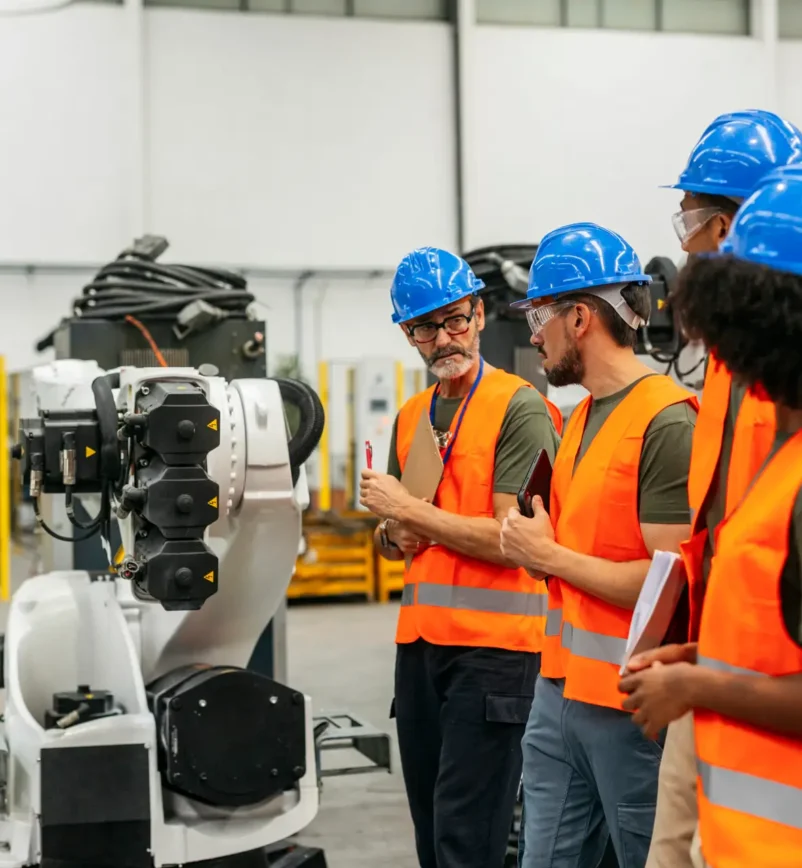 Multiracial team of engineers wearing safety vests and helmets analyzing a robotic arm in a modern factory, discussing its functionality and potential applications