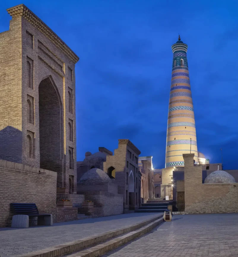 Khiva, Uzbekistan. Islam Khoja Minaret at dusk